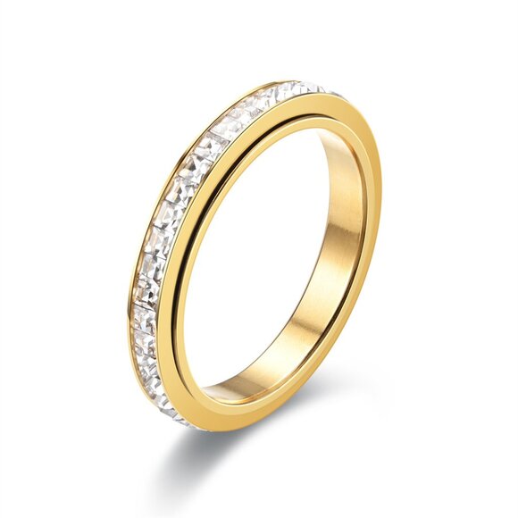 3/$35 Gold Stainless Steel Band Ring One Row Diamond Cubic Zirconia Crystal - Picture 1 of 5